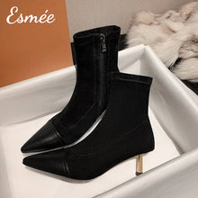 Load image into Gallery viewer, Black-Suede-High-Heel-Ankle-Boots-with-Leather-Toe-Cap-product-shots