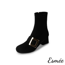 將圖片載入圖庫檢視器 Black-Suede-High-Heel-Ankle-Boots-with-Metal-Buckle-product-shots-white-background