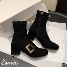 將圖片載入圖庫檢視器 Black-Suede-High-Heel-Ankle-Boots-with-Metal-Buckle-product-shots