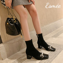 將圖片載入圖庫檢視器 Black-Suede-High-Heel-Ankle-Boots-with-Pearl-Horsebit-Design-model-shots