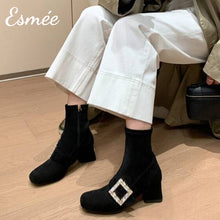 將圖片載入圖庫檢視器 Black-Suede-High-Heel-Ankle-Boots-with-Rhinestone-Buckle-model-shots