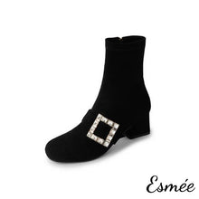 將圖片載入圖庫檢視器 Black-Suede-High-Heel-Ankle-Boots-with-Rhinestone-Buckle-product-shots-white-background