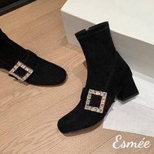 將圖片載入圖庫檢視器 Black-Suede-High-Heel-Ankle-Boots-with-Rhinestone-Buckle-product-shots