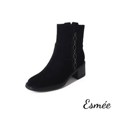 將圖片載入圖庫檢視器 Black-Suede-High-Heel-Ankle-Boots-with-Side-Embroidery-Design-product-shots-white-background