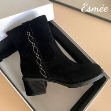 將圖片載入圖庫檢視器 Black-Suede-High-Heel-Ankle-Boots-with-Side-Embroidery-Design-product-shots