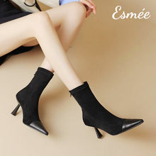 Load image into Gallery viewer, Black-Suede-High-Heel-Ankle-Boots-with-Stiletto-and-Leather-Toe-Cap-model-shots