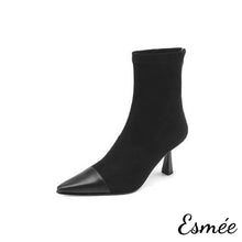 Load image into Gallery viewer, Black-Suede-High-Heel-Ankle-Boots-with-Stiletto-and-Leather-Toe-Cap-product-shots-white-background