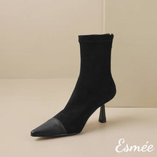 Load image into Gallery viewer, Black-Suede-High-Heel-Ankle-Boots-with-Stiletto-and-Leather-Toe-Cap-product-shots