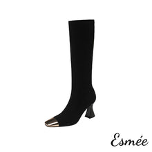 Load image into Gallery viewer, Black-Suede-High-Heel-Long-Boots-with-Golden-Toe-Cap-product-shots-white0background