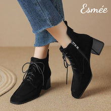 Load image into Gallery viewer, Black-Suede-High-Heel-Marten-Boots-with-Squared-Toe-Design-model-shots