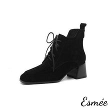 Load image into Gallery viewer, Black-Suede-High-Heel-Marten-Boots-with-Squared-Toe-Design-product-shots-white-background