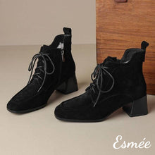 Load image into Gallery viewer, Black-Suede-High-Heel-Marten-Boots-with-Squared-Toe-Design-product-shots