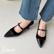 Load image into Gallery viewer, Black-Suede-High-Heel-Maryjane-with-Brogue-Design-model-shots