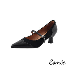 Load image into Gallery viewer, Black-Suede-High-Heel-Maryjane-with-Brogue-Design-product-shots-white-background