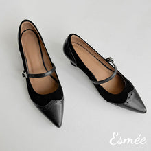 Load image into Gallery viewer, Black-Suede-High-Heel-Maryjane-with-Brogue-Design-product-shots