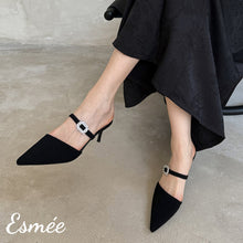 Load image into Gallery viewer, Black-Suede-High-Heel-Mules-with-Rhinestone-Buckle-model-shots