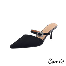 Load image into Gallery viewer, Black-Suede-High-Heel-Mules-with-Rhinestone-Buckle-product-shots-white-background