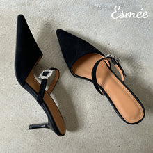 Load image into Gallery viewer, Black-Suede-High-Heel-Mules-with-Rhinestone-Buckle-product-shots