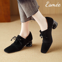 Load image into Gallery viewer, Black-Suede-High-Heel-Oxford-Shoes-woth-Squared-Toe-Design-model-shots