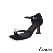 Load image into Gallery viewer, Black-Suede-High-Heel-Sandals-with-Pearl-Design-product-shots-white-background