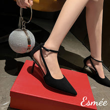 Load image into Gallery viewer, Black-Suede-High-Heel-with-Ankle-Straps-model-shots