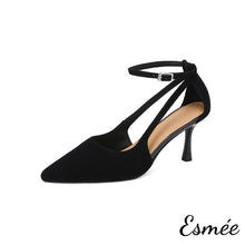 Load image into Gallery viewer, Black-Suede-High-Heel-with-Ankle-Straps-product-shots-white-background
