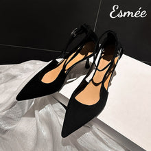 Load image into Gallery viewer, Black-Suede-High-Heel-with-Ankle-Straps-product-shots