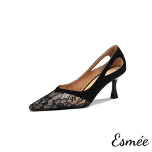 Load image into Gallery viewer, Black-Suede-High-Heel-with-Lace-Pattern-product-shots-white-background