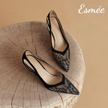 Load image into Gallery viewer, Black-Suede-High-Heel-with-Lace-Pattern-product-shots