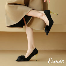 Load image into Gallery viewer, Black-Suede-High-Heels-with-Fuzz-Ball-Design-model-shots