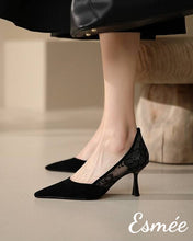 Load image into Gallery viewer, Black-Suede-High-Heels-with-Lace-Design-model-shots