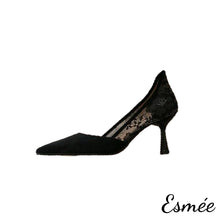 Load image into Gallery viewer, Black-Suede-High-Heels-with-Lace-Design-product-shots-white-background