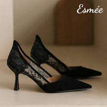 Load image into Gallery viewer, Black-Suede-High-Heels-with-Lace-Design-product-shots