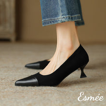 Load image into Gallery viewer, Black-Suede-High-Heels-with-Leather-Toe-Cap-model-shots