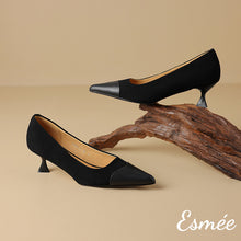 Load image into Gallery viewer, Black-Suede-High-Heels-with-Leather-Toe-Cap-product-shots
