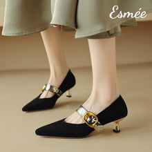Load image into Gallery viewer, Black-Suede-High-Heels-with-Snake-skin-Buckle-Straps-model-shots