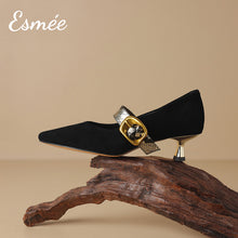Load image into Gallery viewer, Black-Suede-High-Heels-with-Snake-skin-Buckle-Straps-product-shots-1