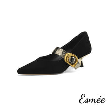 Load image into Gallery viewer, Black-Suede-High-Heels-with-Snake-skin-Buckle-Straps-product-shots-white-background