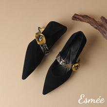 Load image into Gallery viewer,  Analyzing image     Black-Suede-High-Heels-with-Snake-skin-Buckle-Straps-product-shots