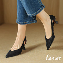 Load image into Gallery viewer, Black-Suede-High-Heels-with-Special-Cutting-Design-model-shots
