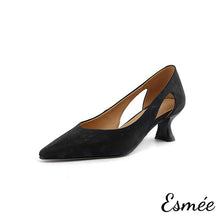 Load image into Gallery viewer, Black-Suede-High-Heels-with-Special-Cutting-Design-product-shots-white-background