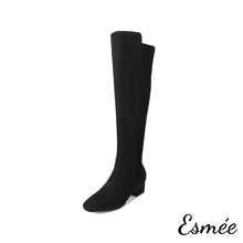Load image into Gallery viewer, Black-Suede-Knee-Boots-with-Block-Heels-product-shots-white-background