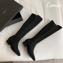Load image into Gallery viewer, Black-Suede-Knee-Boots-with-Block-Heels-product-shots