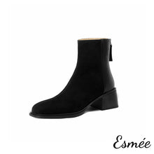 將圖片載入圖庫檢視器 Black-Suede-Leather-Ankle-Boots-with-Block-Heels-product-shots-white-background