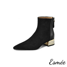 將圖片載入圖庫檢視器 Black-Suede-Leather-Ankle-Boots-with-Rhinestone-Heels-product-shots-white-background