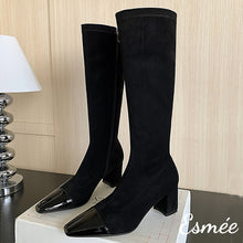 Load image into Gallery viewer, Black-Suede-Long-Boots-with-Shiny-Leather-Toe-Cap-product-shots