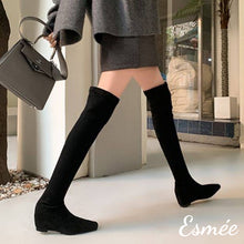 Load image into Gallery viewer, Black-Suede-Over-Knee-Long-Boots-with-Invisible-Increased-Height-Design-model-shots
