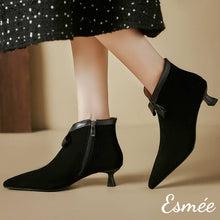 Load image into Gallery viewer, Black-Suede-Pointed-Toe-Ankle-Boots-with-Leather-Bow-Knot-Design-model-shots
