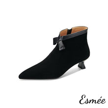 Load image into Gallery viewer, Black-Suede-Pointed-Toe-Ankle-Boots-with-Leather-Bow-Knot-Design-product-shots-white-background