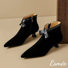 Load image into Gallery viewer, Black-Suede-Pointed-Toe-Ankle-Boots-with-Leather-Bow-Knot-Design-product-shots
